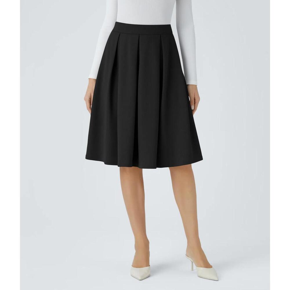 NWT Halara High Waisted Pocket Pleated Crepe Midi Work Skirt Black M - Picture 8 of 10